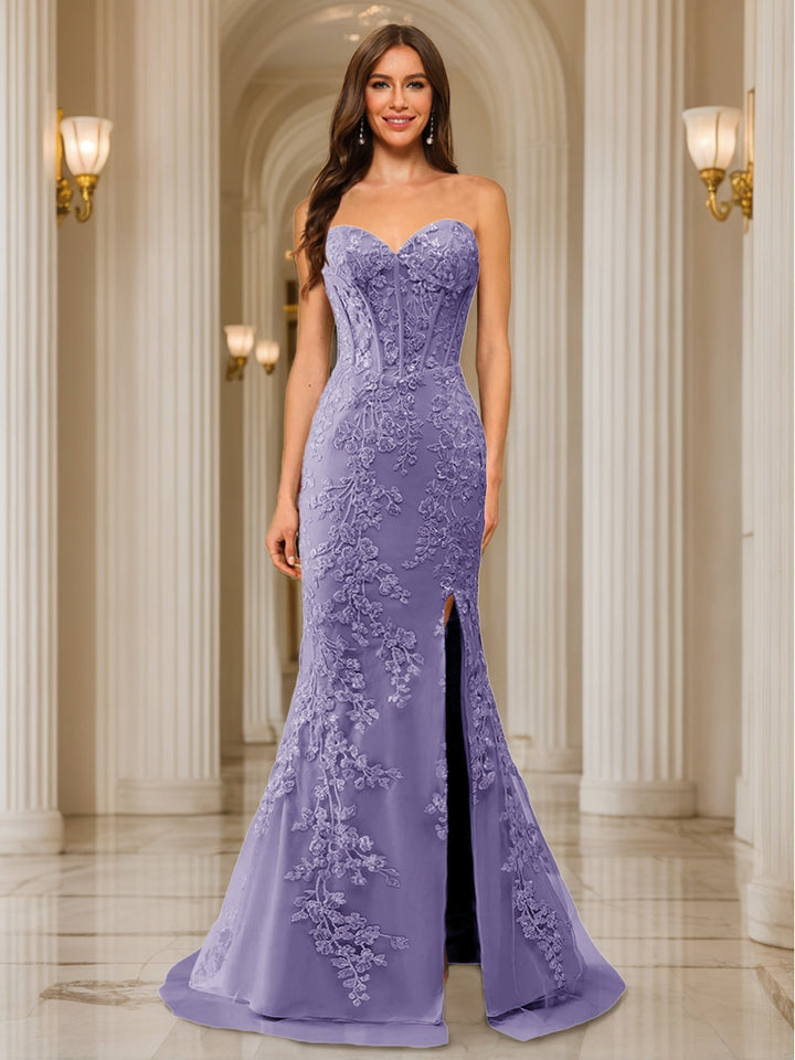 Trumpet/Mermaid Sweetheart Pleated Tulle Long Evening Dresses with Side Slit &amp; Appliques
