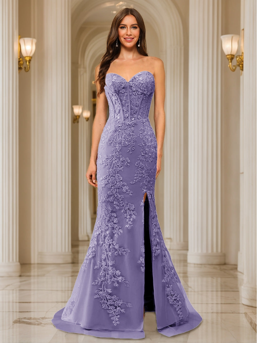 Trumpet/Mermaid Sweetheart Pleated Tulle Long Evening Dresses with Side Slit & Appliques