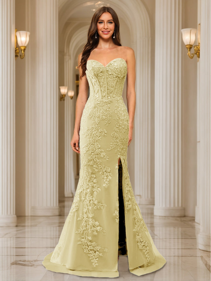Trumpet/Mermaid Sweetheart Pleated Tulle Long Evening Dresses with Side Slit &amp; Appliques