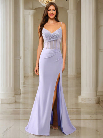 Trumpet/Mermaid Spaghetti Straps Pleated Satin Long Prom Dresses with Side Slit & Rhinestone