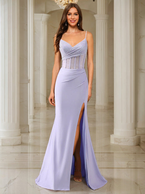 Trumpet/Mermaid Spaghetti Straps Pleated Satin Long Prom Dresses with Side Slit & Rhinestone