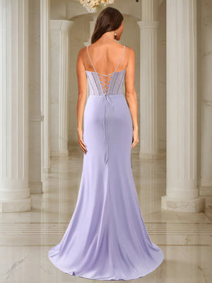 Trumpet/Mermaid Spaghetti Straps Pleated Satin Long Prom Dresses with Side Slit & Rhinestone