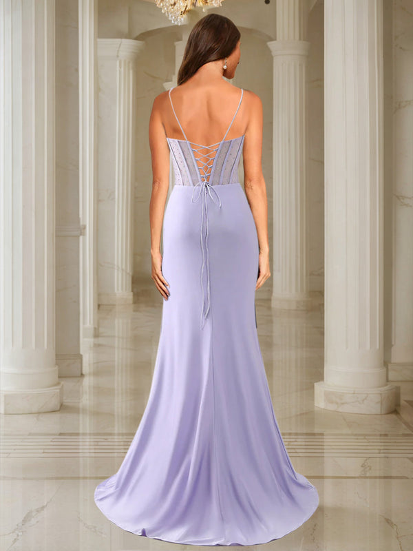 Trumpet/Mermaid Spaghetti Straps Pleated Satin Long Prom Dresses with Side Slit & Rhinestone