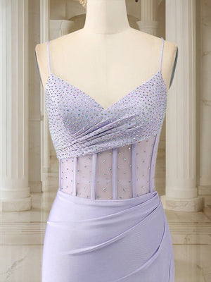 Trumpet/Mermaid Spaghetti Straps Pleated Satin Long Prom Dresses with Side Slit & Rhinestone