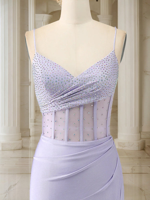 Trumpet/Mermaid Spaghetti Straps Pleated Satin Long Prom Dresses with Side Slit & Rhinestone