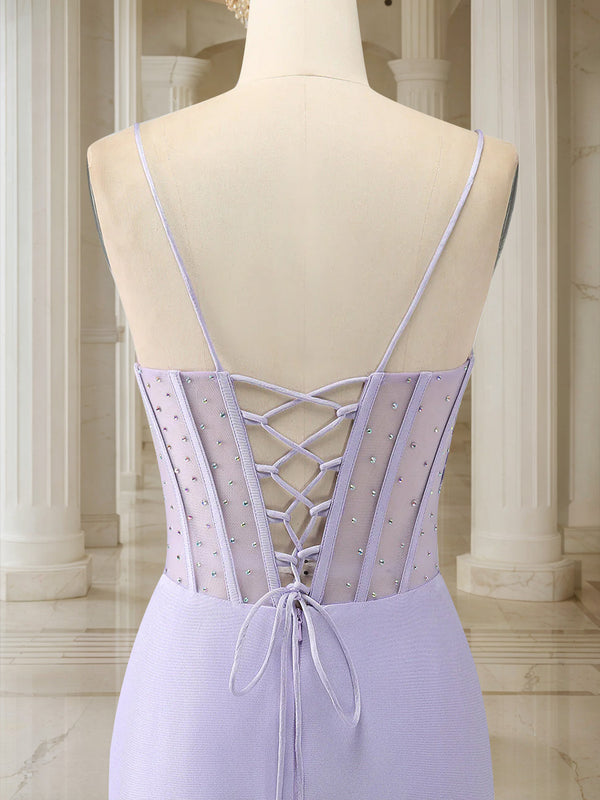 Trumpet/Mermaid Spaghetti Straps Pleated Satin Long Prom Dresses with Side Slit & Rhinestone