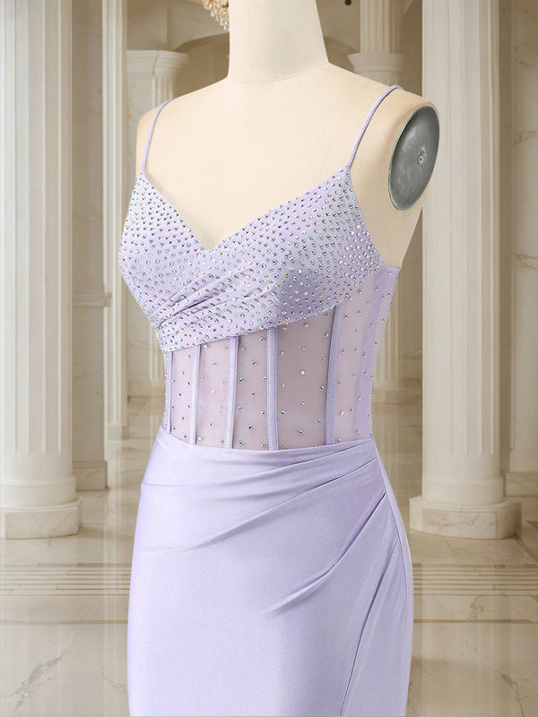 Trumpet/Mermaid Spaghetti Straps Pleated Satin Long Prom Dresses with Side Slit & Rhinestone