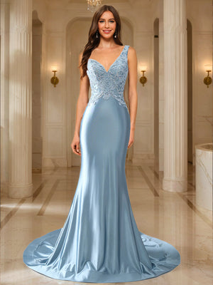 Trumpet/Mermaid V-Neck Satin Long Elegant Prom Dresses with Appliques