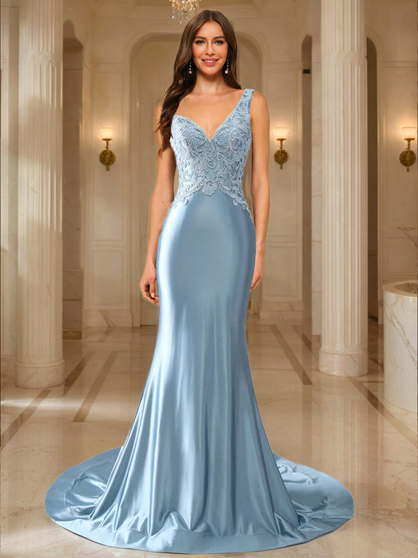 Trumpet/Mermaid V-Neck Satin Long Elegant Prom Dresses with Appliques