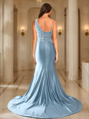 Trumpet/Mermaid V-Neck Satin Long Elegant Prom Dresses with Appliques