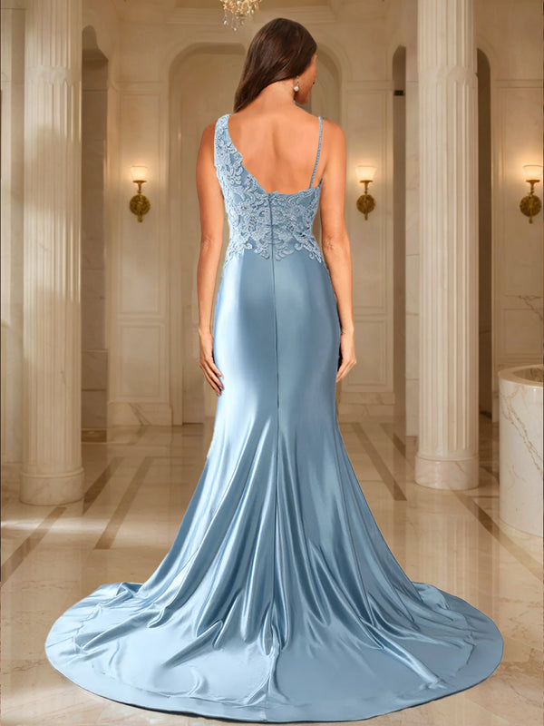 Trumpet/Mermaid V-Neck Satin Long Elegant Prom Dresses with Appliques