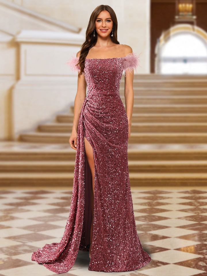 Sparkly Trumpet/Mermaid Strapless Sequined Long Evening Dresses with Split Side &amp; Feather