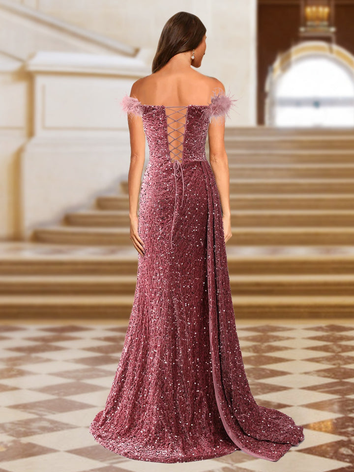 Sparkly Trumpet/Mermaid Strapless Sequined Long Evening Dresses with Split Side &amp; Feather