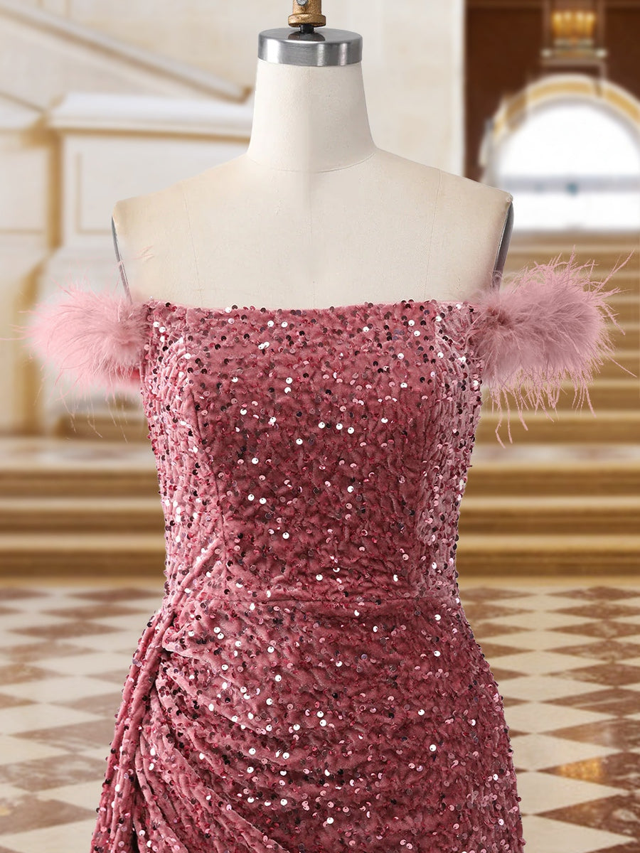 Sparkly Trumpet/Mermaid Strapless Sequined Long Evening Dresses with Split Side &amp; Feather