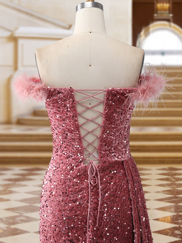 Sparkly Trumpet/Mermaid Strapless Sequined Long Evening Dresses with Split Side &amp; Feather