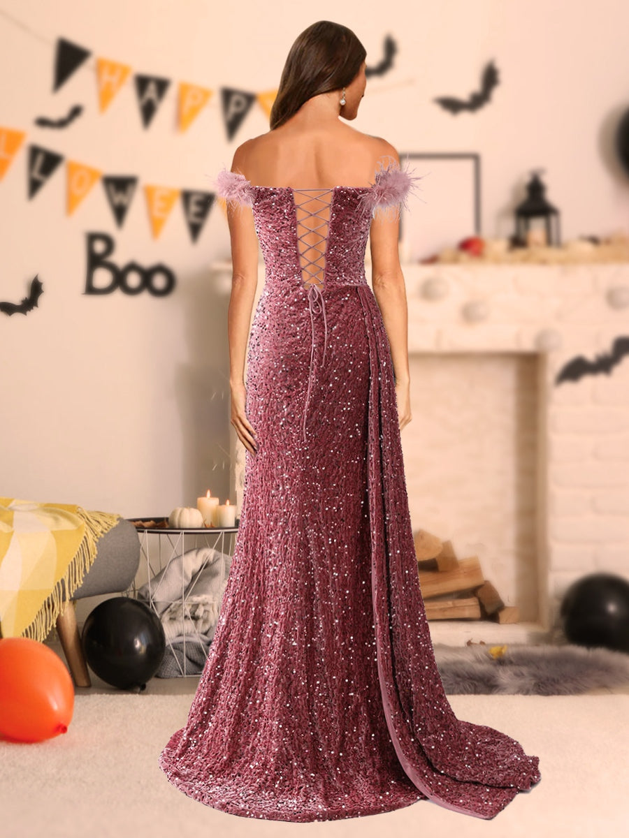 Sparkly Trumpet/Mermaid Strapless Sequined Long Halloween Dresses with Split Side &amp; Feather
