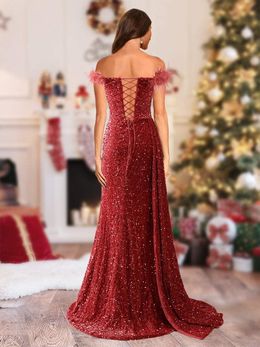 Sparkly Trumpet/Mermaid Strapless Sequined Long Christmas Dresses with Split Side &amp; Feather