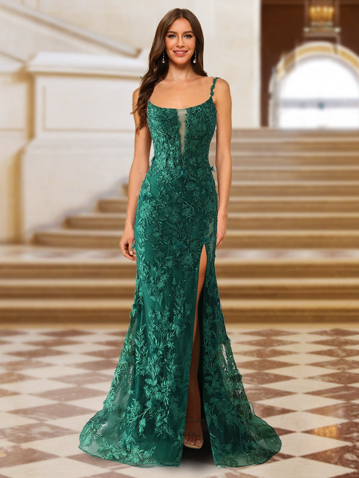 Trumpet/Mermaid Spaghetti Straps Tulle Long Evening Dresses with Side Slit &amp; Appliques