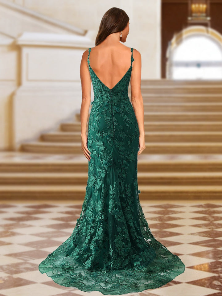Trumpet/Mermaid Spaghetti Straps Tulle Long Evening Dresses with Side Slit &amp; Appliques