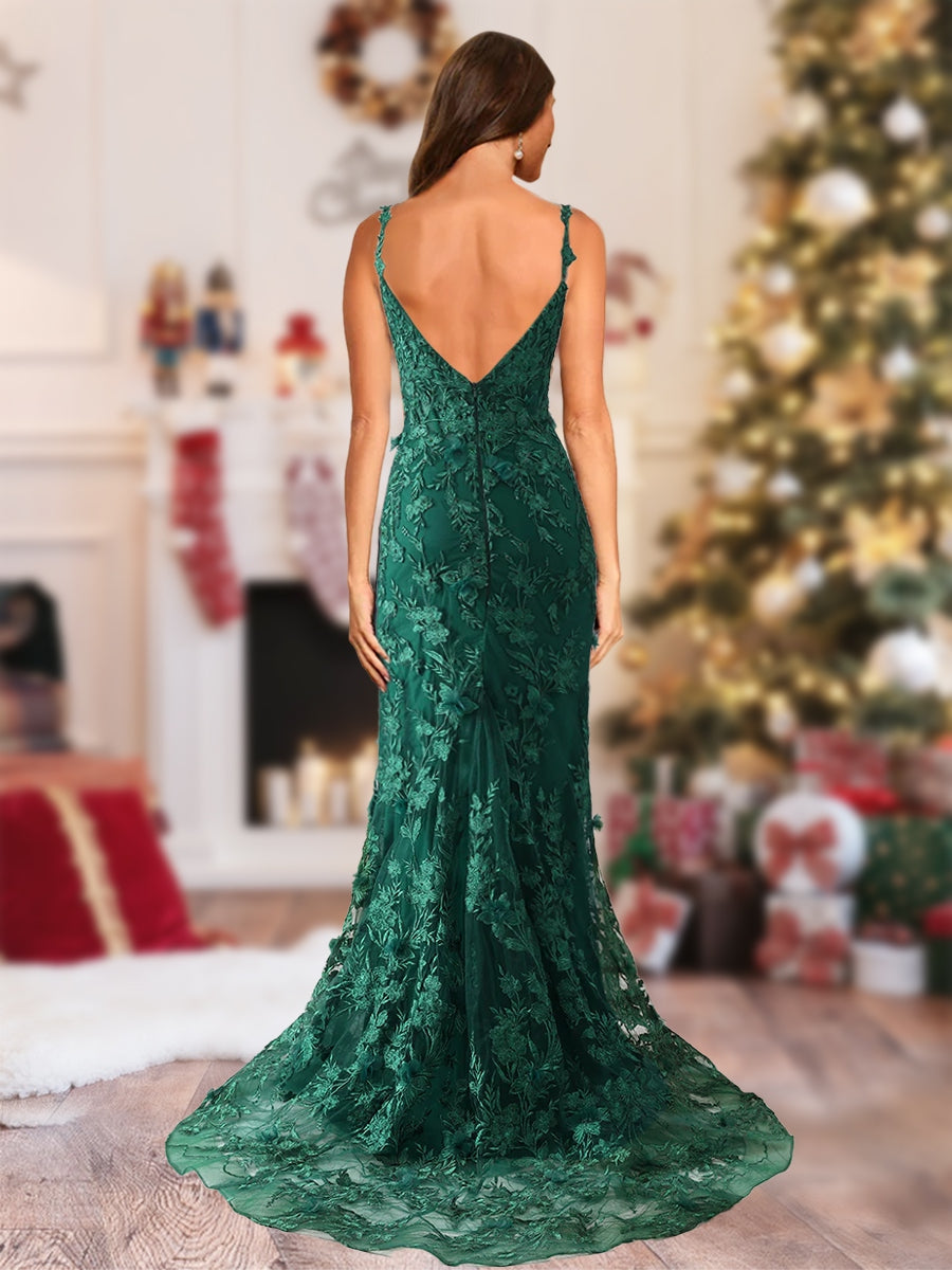 Trumpet/Mermaid Spaghetti Straps Tulle Long Christmas Dresses with Side Slit &amp; Appliques