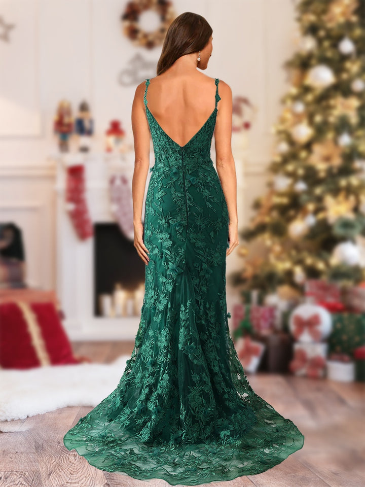 Trumpet/Mermaid Spaghetti Straps Tulle Long Christmas Dresses with Side Slit &amp; Appliques