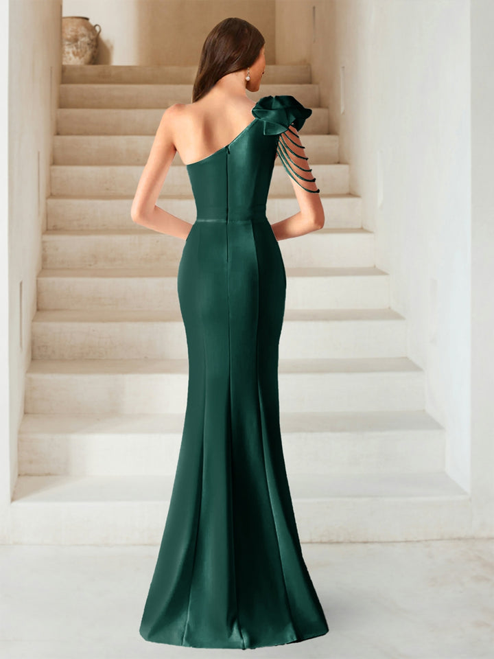 Sexy Sheath/Column One-Shoulder Evening Dresses with Side Slit &amp; Flower