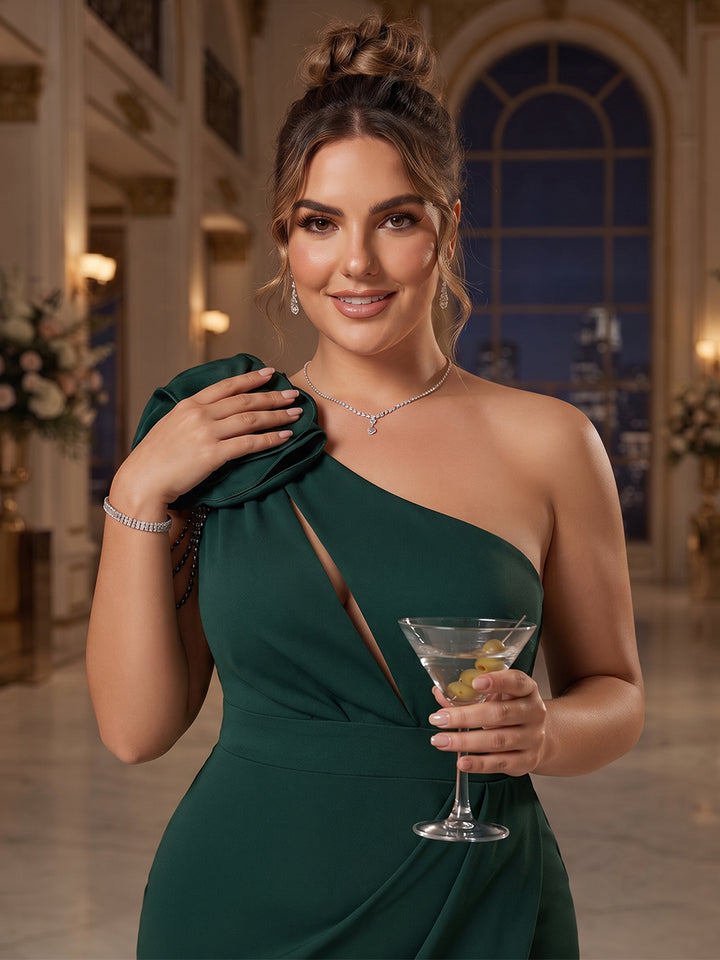 Sheath/Column One-Shoulder Sleeveless Plus Size Evening Dresses with Split Side &amp; 3D Floral