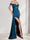 Sheath/Column Off-the-Shoulder Ruched Evening Dresses with Side Slit & Ruffles