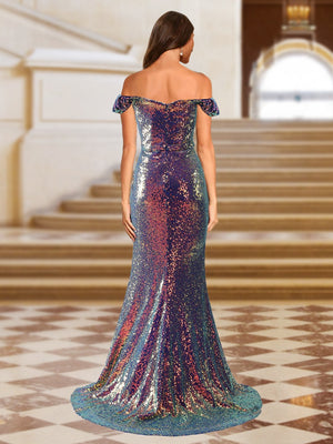 Sparkly Trumpet/Mermaid Off-the-Shoulder Long Evening Dresses with Split Side