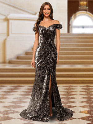 Sparkly Trumpet/Mermaid Off-the-Shoulder Long Evening Dresses with Split Side