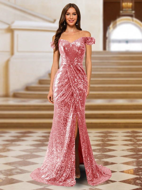 Sparkly Trumpet/Mermaid Off-the-Shoulder Long Evening Dresses with Split Side