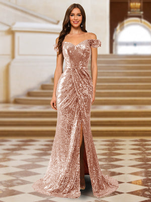 Sparkly Trumpet/Mermaid Off-the-Shoulder Long Evening Dresses with Split Side