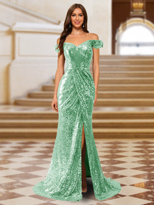 Sparkly Trumpet/Mermaid Off-the-Shoulder Long Evening Dresses with Split Side