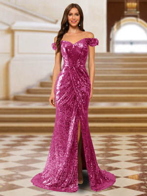Sparkly Trumpet/Mermaid Off-the-Shoulder Long Evening Dresses with Split Side