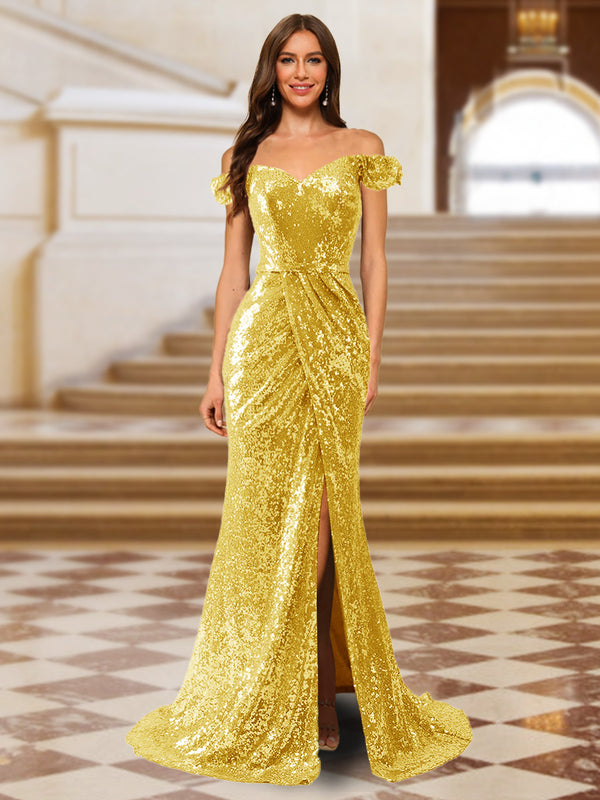 Sparkly Trumpet/Mermaid Off-the-Shoulder Long Evening Dresses with Split Side