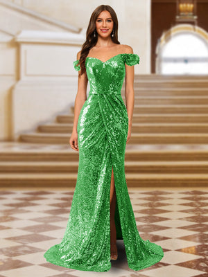 Sparkly Trumpet/Mermaid Off-the-Shoulder Long Evening Dresses with Split Side