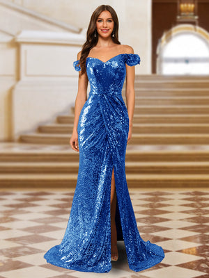 Sparkly Trumpet/Mermaid Off-the-Shoulder Long Evening Dresses with Split Side