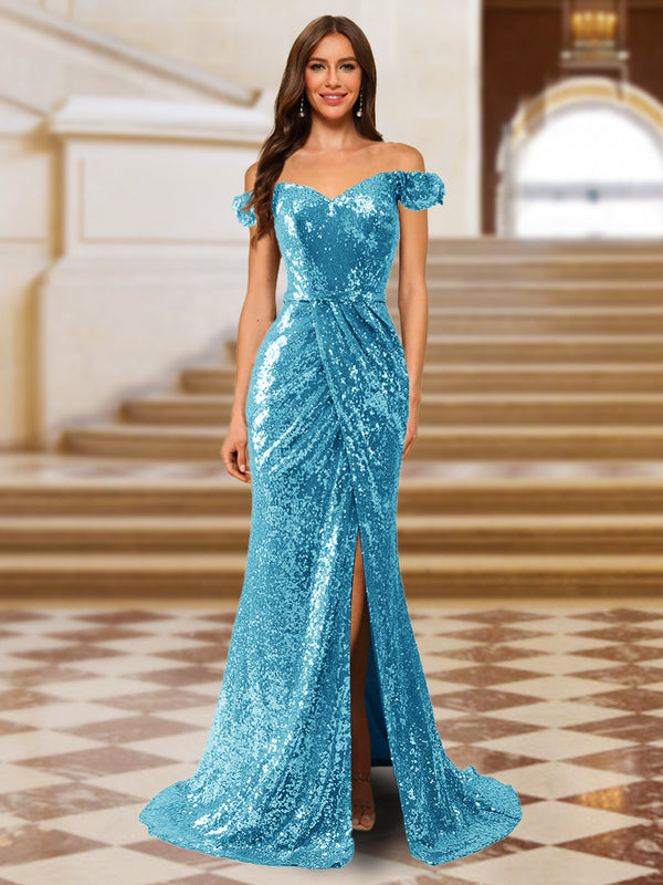 Sparkly Trumpet/Mermaid Off-the-Shoulder Long Evening Dresses with Split Side