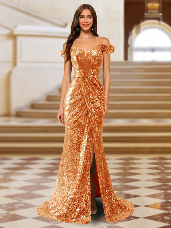 Sparkly Trumpet/Mermaid Off-the-Shoulder Long Evening Dresses with Split Side