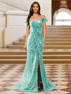 Sparkly Trumpet/Mermaid Off-the-Shoulder Long Evening Dresses with Split Side