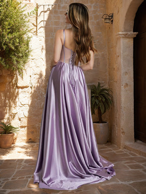 A-Line/Princess Cowl Neck Sleeveless Pleated Evening Dresses with Split Side & Rhinestone