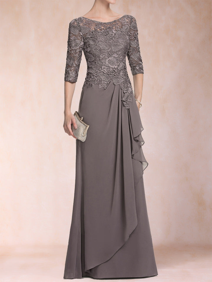 A-Line/Princess Scoop 3/4 Sleeves Chiffon Mother of the Bride Dresses with Ruffles &amp; Appliques