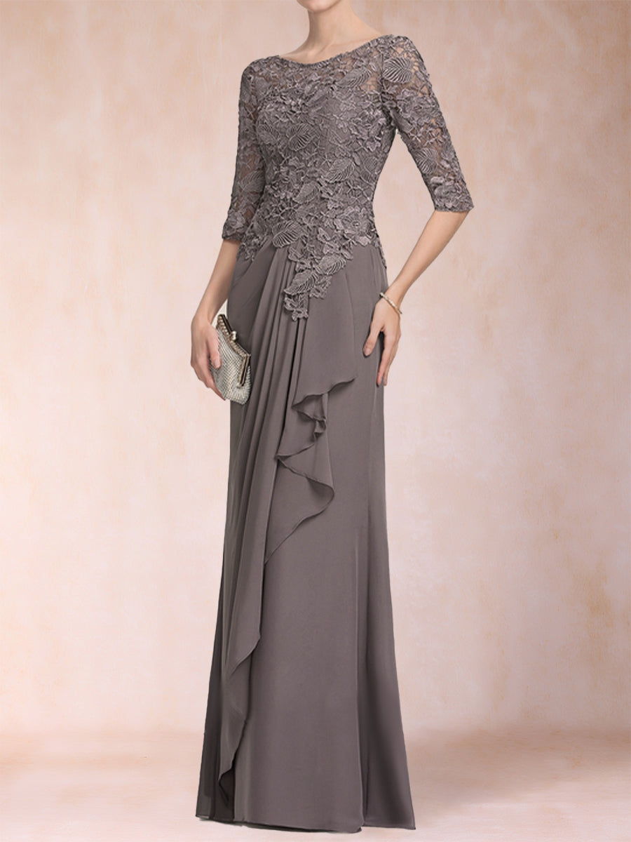 A-Line/Princess Scoop 3/4 Sleeves Chiffon Mother of the Bride Dresses with Ruffles &amp; Appliques