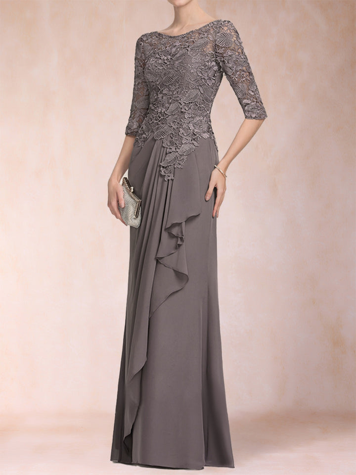 A-Line/Princess Scoop 3/4 Sleeves Chiffon Mother of the Bride Dresses with Ruffles &amp; Appliques