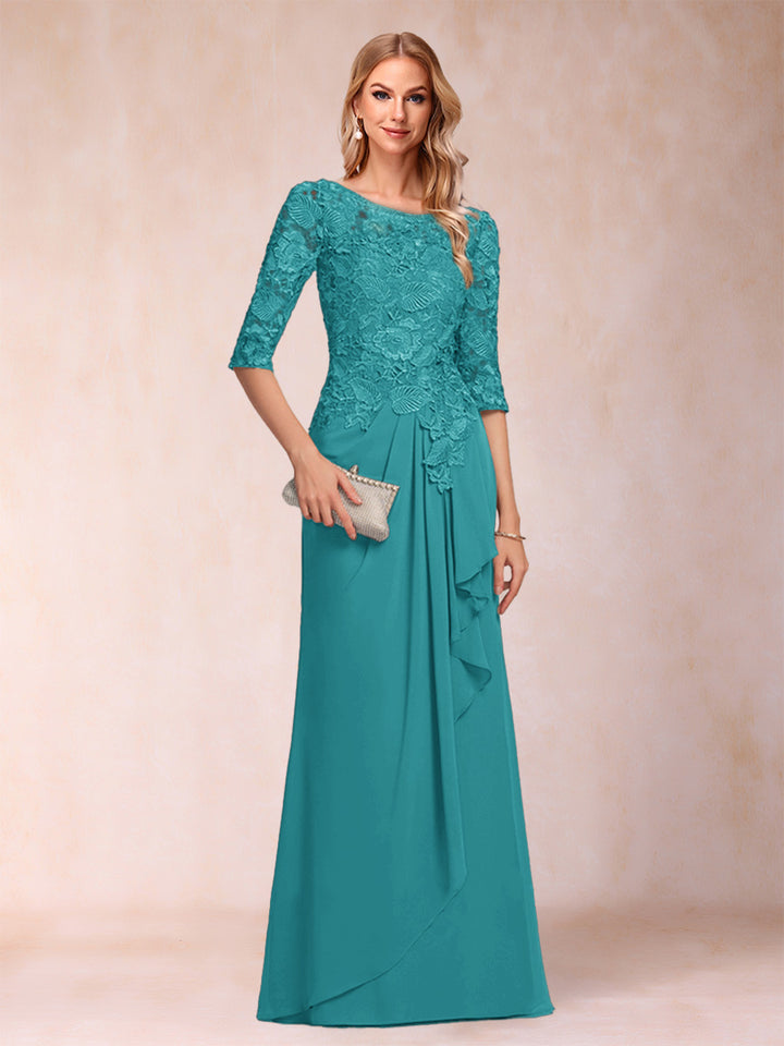 A-Line/Princess Scoop 3/4 Sleeves Chiffon Mother of the Bride Dresses with Ruffles &amp; Appliques