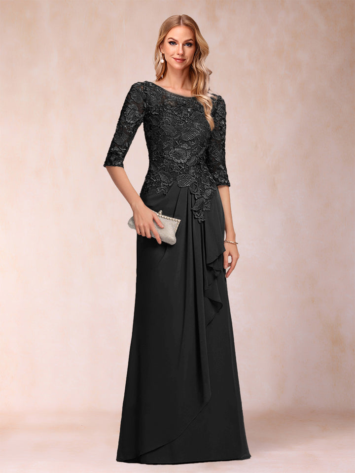 A-Line/Princess Scoop 3/4 Sleeves Chiffon Mother of the Bride Dresses with Ruffles &amp; Appliques