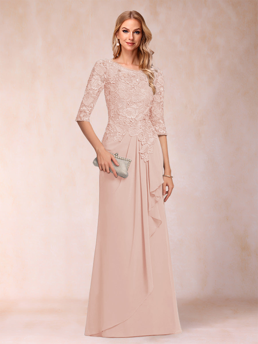 A-Line/Princess Scoop 3/4 Sleeves Chiffon Mother of the Bride Dresses with Ruffles &amp; Appliques