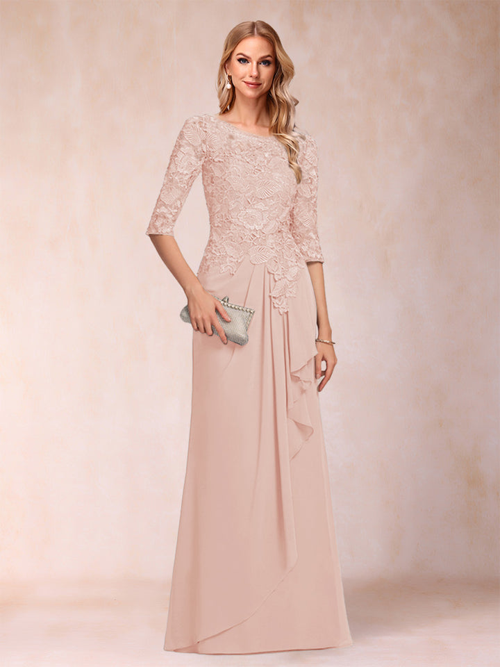 A-Line/Princess Scoop 3/4 Sleeves Chiffon Mother of the Bride Dresses with Ruffles &amp; Appliques