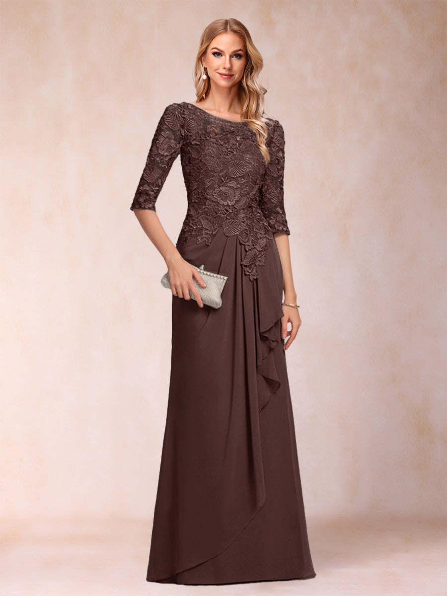 A-Line/Princess Scoop 3/4 Sleeves Chiffon Mother of the Bride Dresses with Ruffles &amp; Appliques