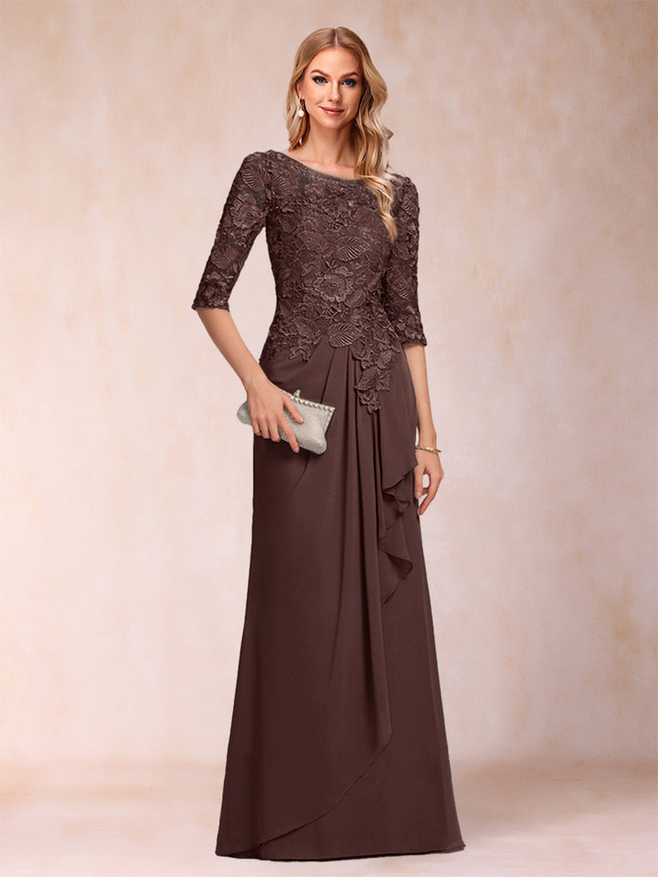 A-Line/Princess Scoop 3/4 Sleeves Chiffon Mother of the Bride Dresses with Ruffles &amp; Appliques